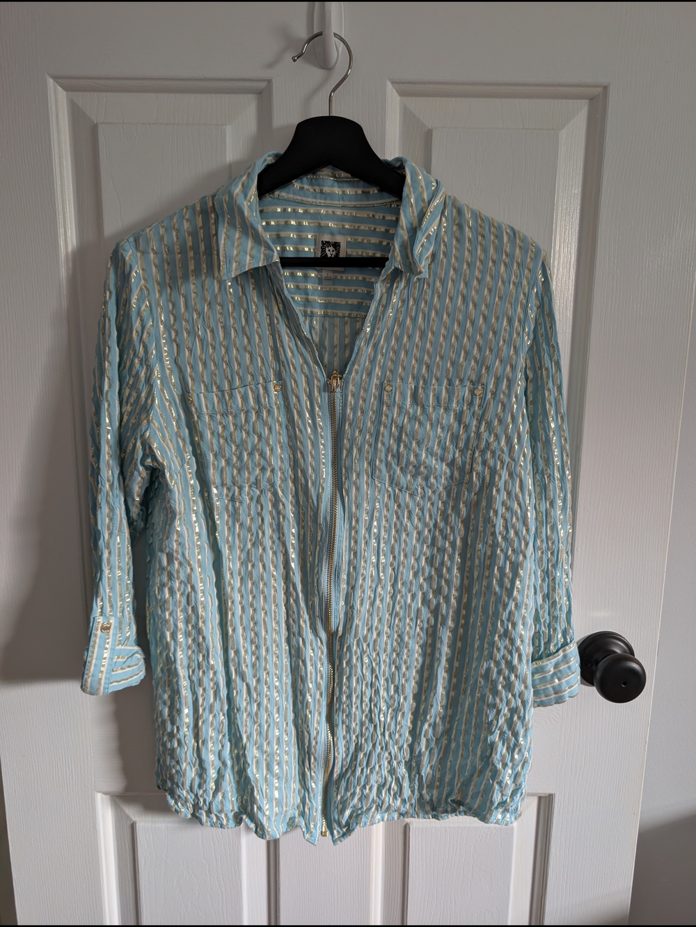 Anne Klein Women's Light Blue and Gold Striped Zip-Front Shirt Size Large
